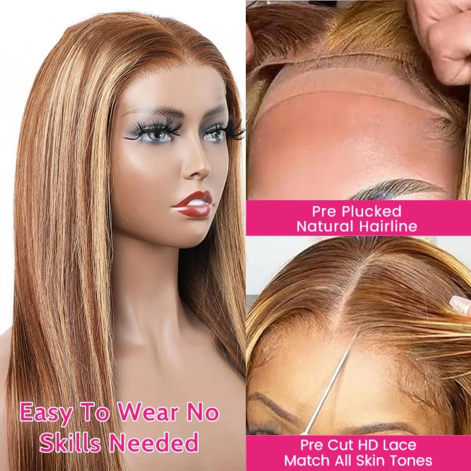 Perruque Lace Front Wig sans colle naturelle, cheveux humains, pre-plucked, coloré, pre-plucked, pre