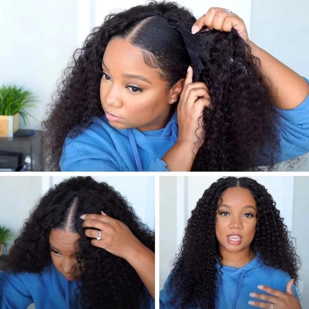 Perruque Brésilienne Bouclée sans Colle pour Femme, Cheveux Naturels Vierges, Deep Wave, U-part, 250