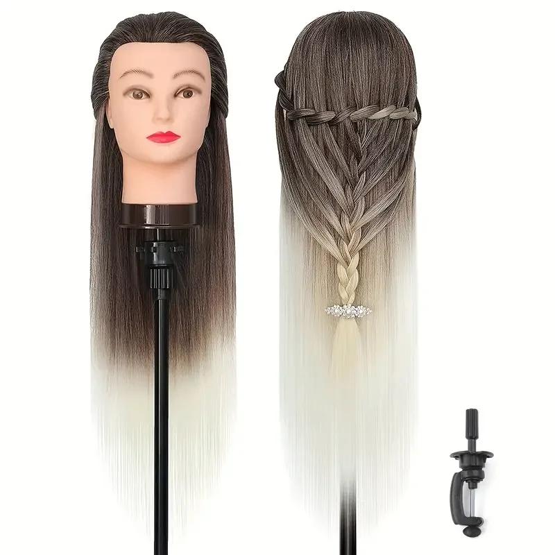 Modèle de tête de mannequin avec cheveux synthétiques longs, tête de mannequin tête de formation de