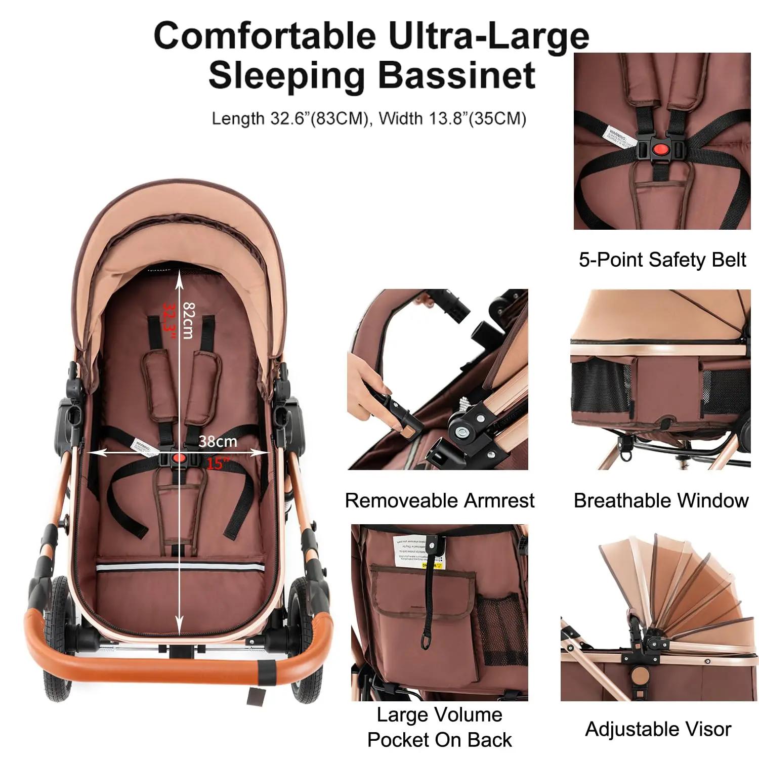 Siège auto combiné pour poussette bébé – Poussette pour bébé avec lit de transport, landau pliable e
