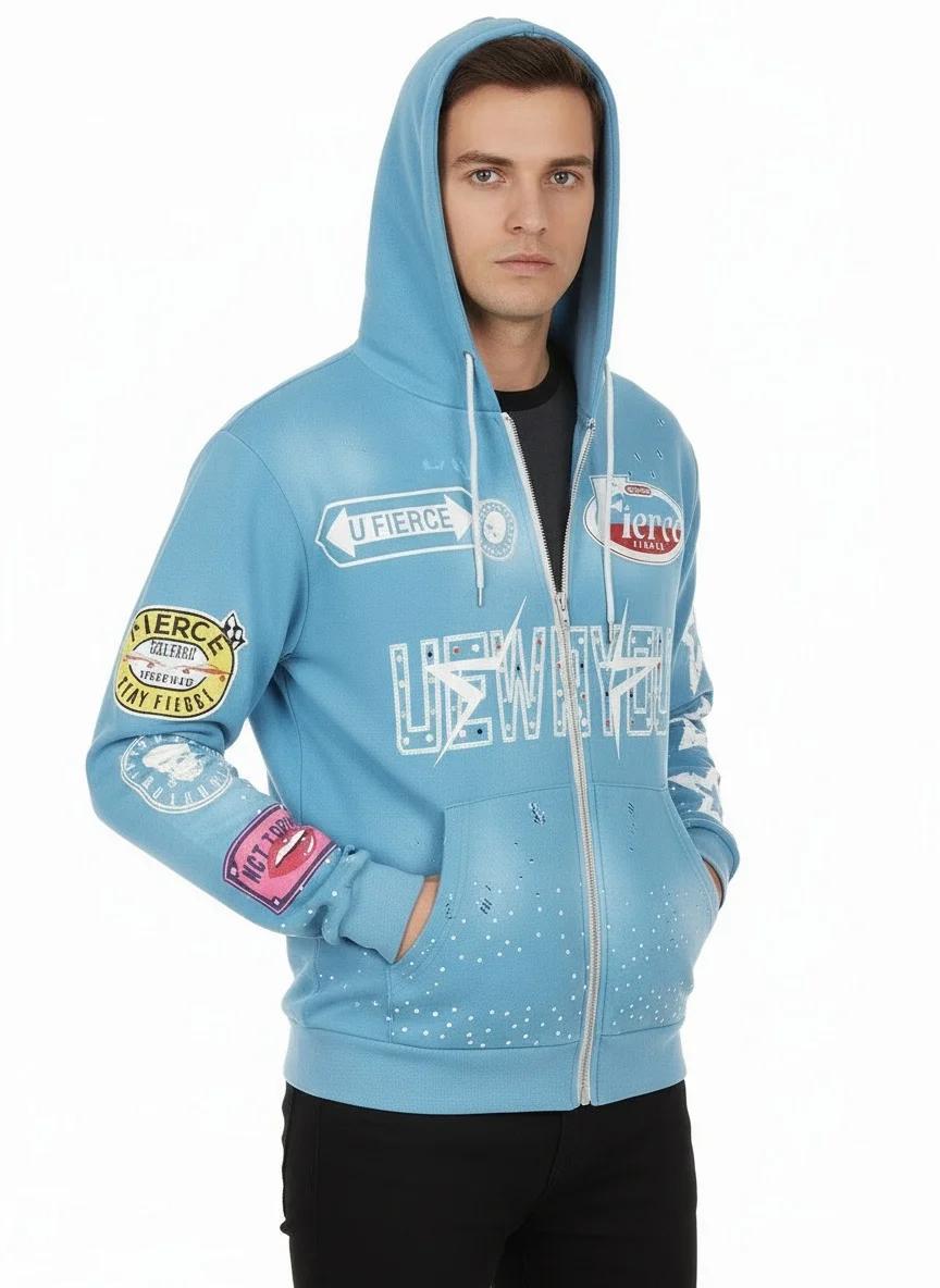 Sweat-shirt à capuche entièrement imprimé avec lettres étoilées, cardigan ample et décontracté pour