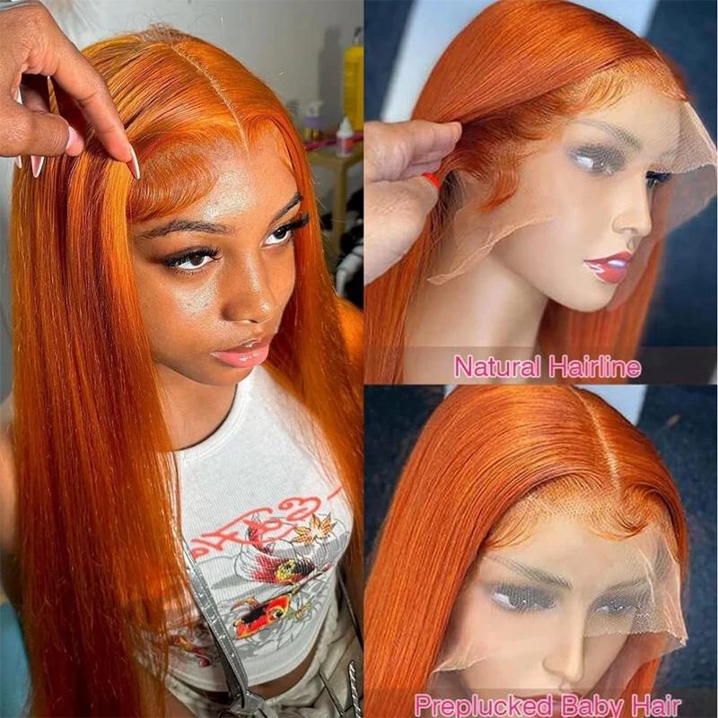 34 pouces Orange gingembre dentelle avant perruques cheveux humains pour les femmes droite 13x4 13x6