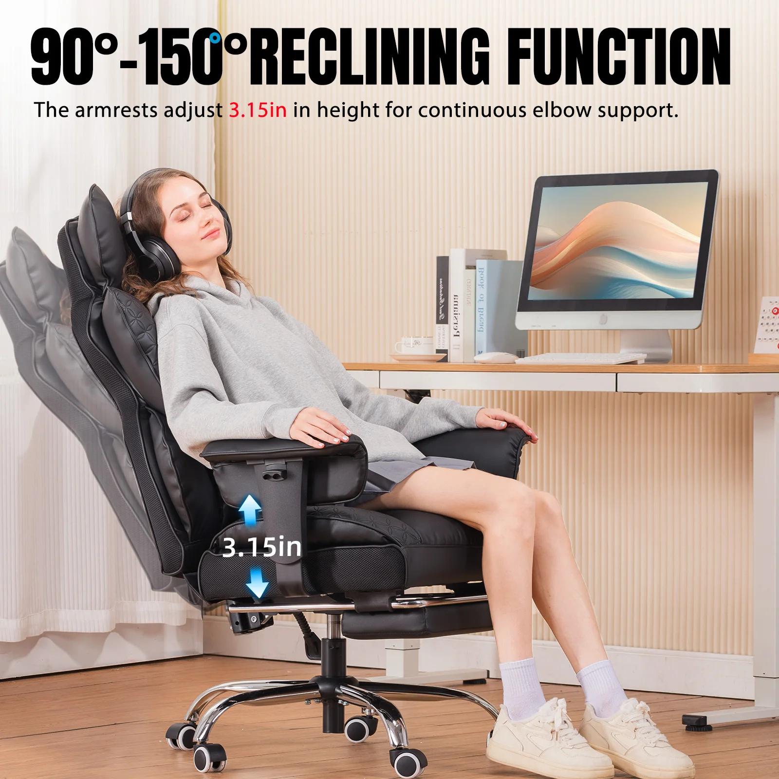 Chaise de bureau ergonomique en cuir, chaise de jeu à dossier haut avec repose-pieds, accoudoirs rég