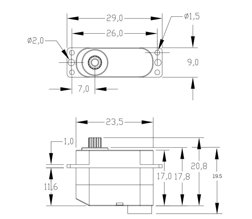 OCS-D008 7,4 V 3,2 kg.cm 7,7 g 0,07 S/60 ° Moteur sans noyau Micro servo engrenage métallique tou