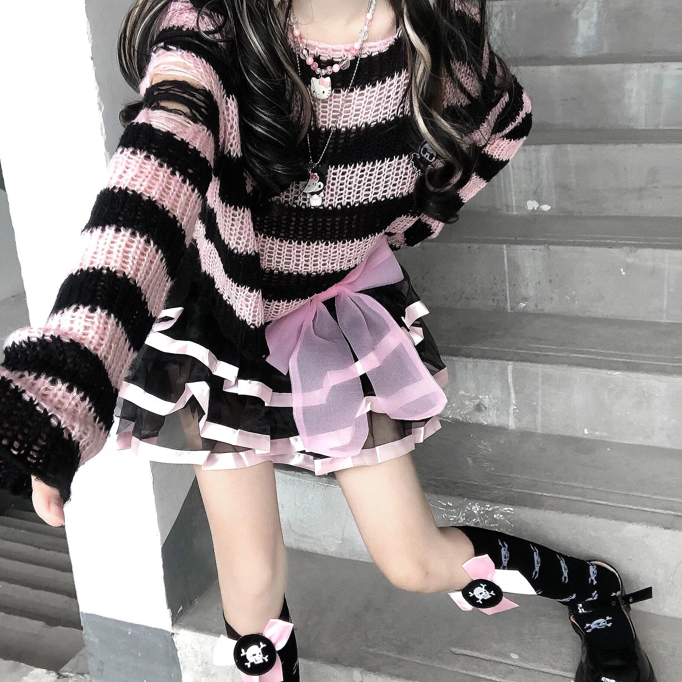 Karrram rose rayé gothique chandails femmes déchiré trous lâche tricoté pull effiloché fée Grunge pu