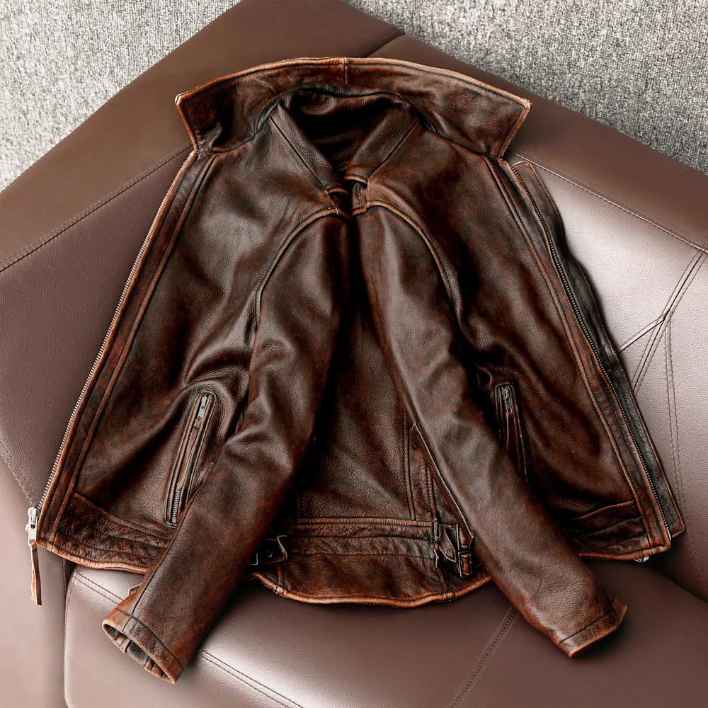 Veste en cuir à queue d'hirondelle pour hommes, haut de moto vintage, manteau en cuir de vachette, v