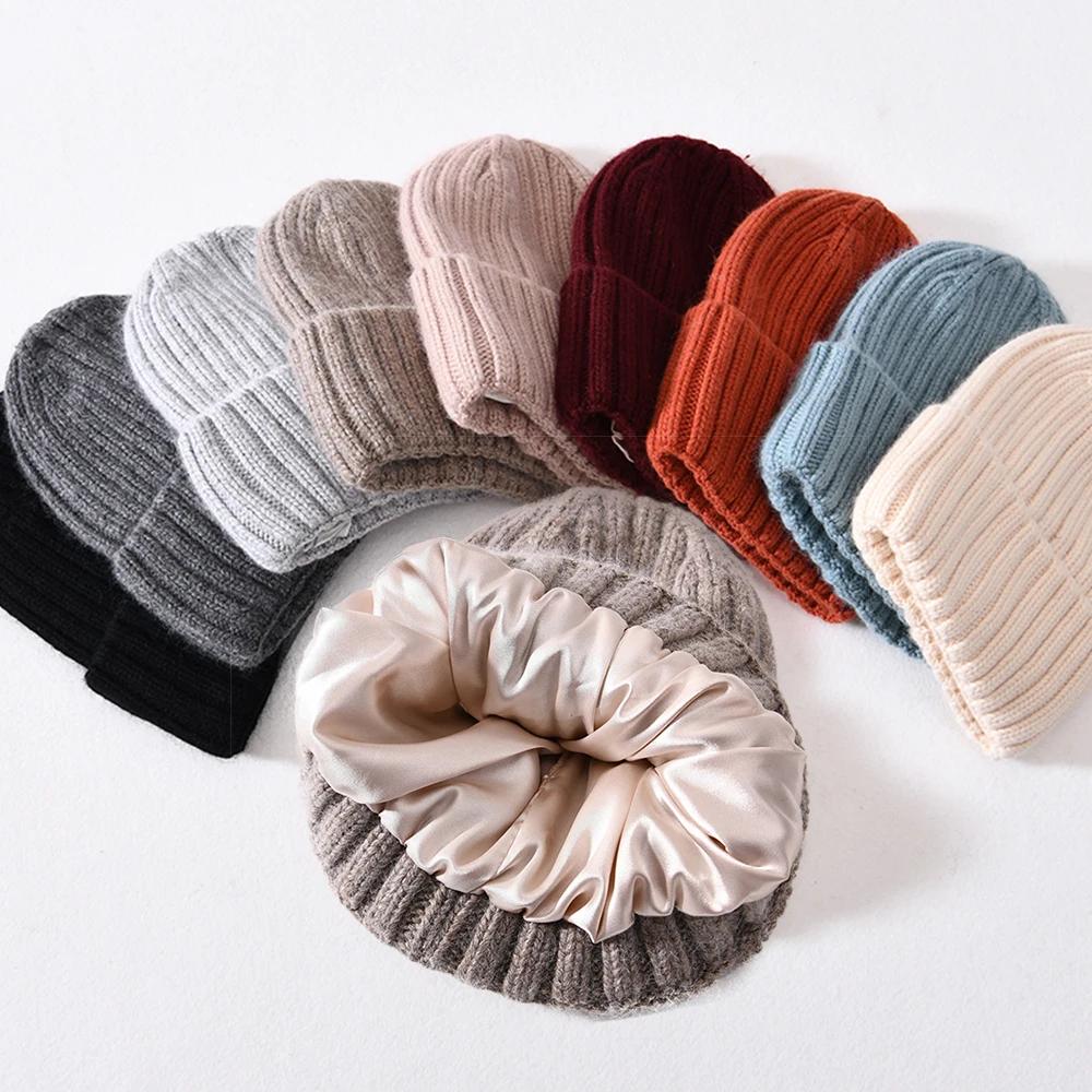 InjSatin Lined Beanie Hats, Unisex Optics, Chunky Cap, Striped, Warm, Soft, Cachemire Hat, High Qual