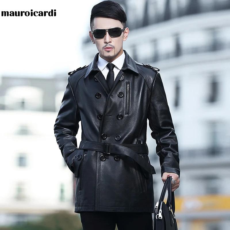 Mauroicardi-Manteau en Cuir PU Noir pour Femme, Manches sulf, Double Boutonnage, Élégant, Luxe, Styl