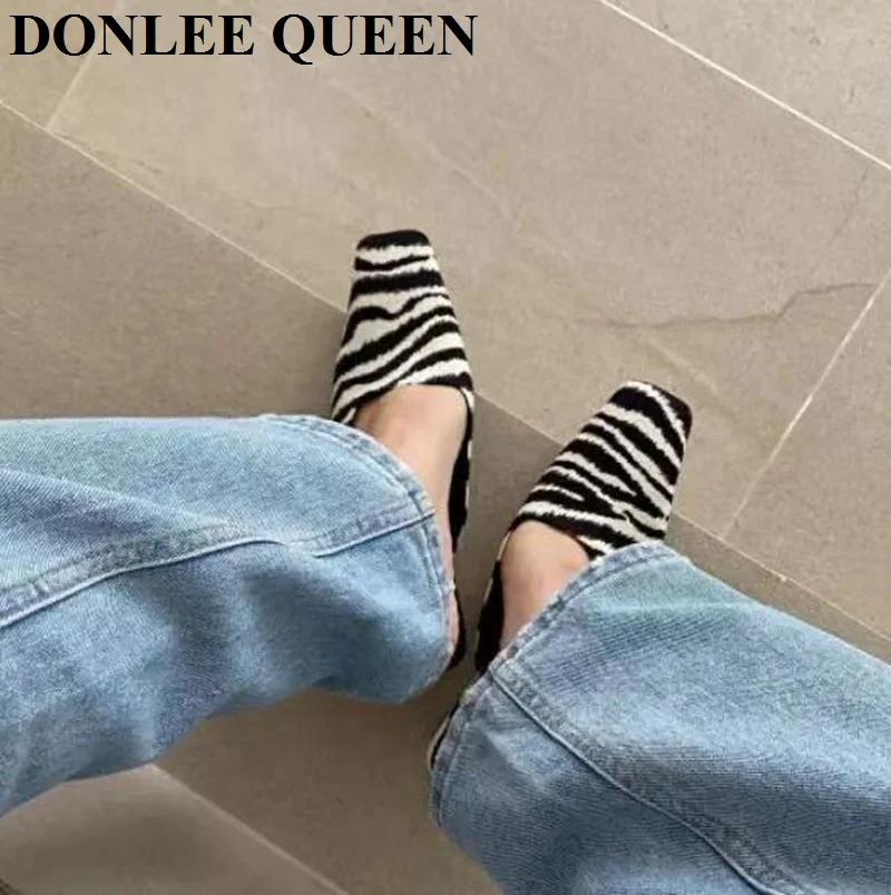 Chaussures Mules à Motif Zèbre pour Femme, Pantoufles d'Extérieur à Talons Bas, Carrées, Nouvelle Co