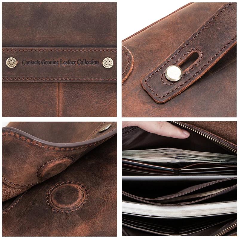 CONTACT'S hommes pochettes grande capacité hommes portefeuilles Crazy Horse cuir Long sac à main mâl