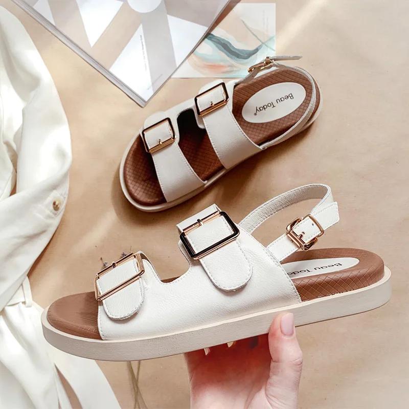 BEAU TODAY-Sandales décontractées en cuir de vache pour femmes, chaussures de sport à talons bas, fa