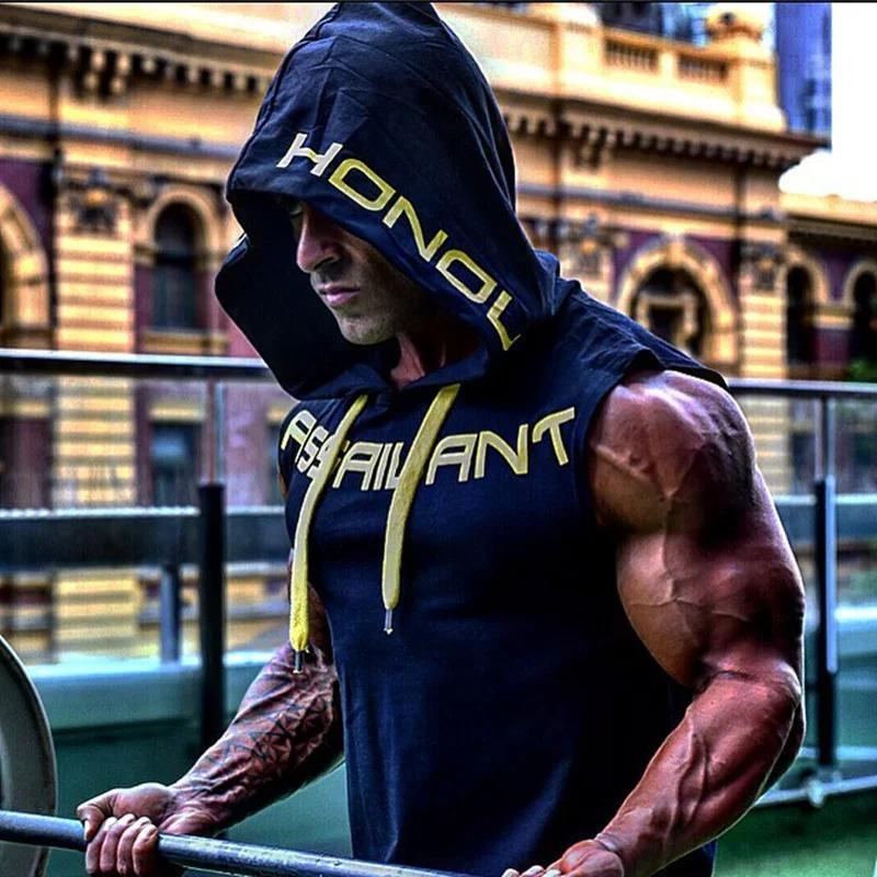 Hommes débardeurs vêtements de sport Fitness sweat à capuche sans manches gilets coton Singlets homm