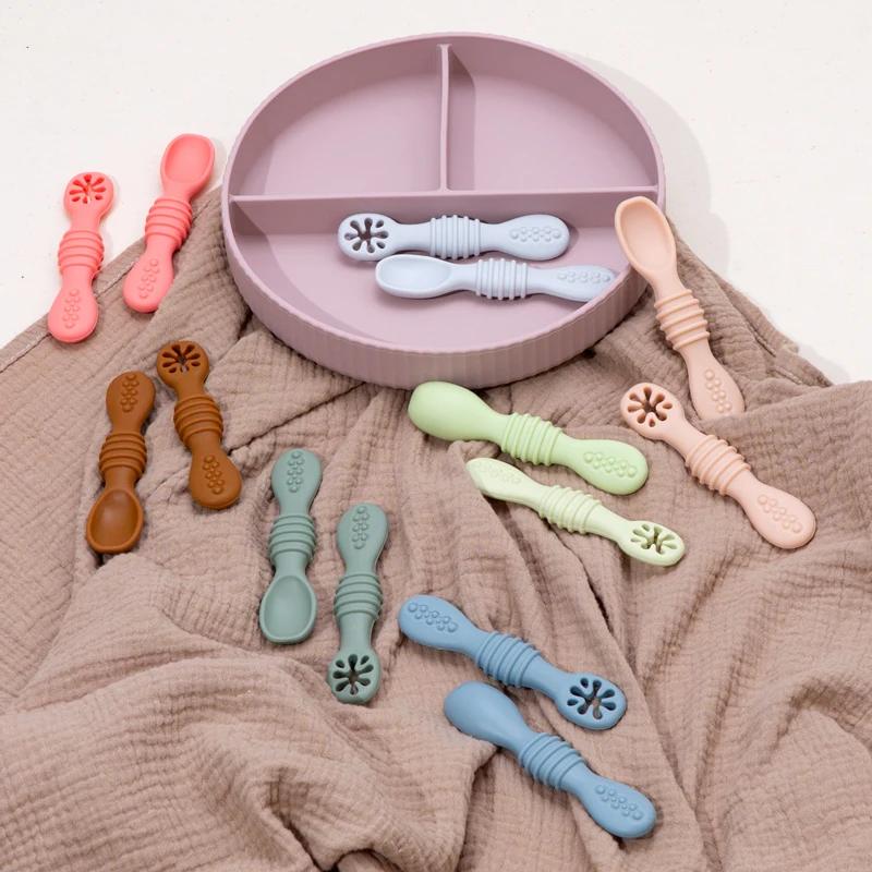 Ensemble cuillère et fourchette pour bébé, cuillère collante en Silicone de qualité alimentaire, cou