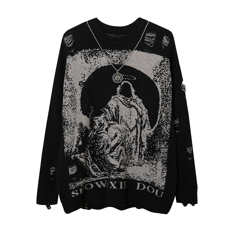 Harajuku – tricot imprimé pour femme, Streetwear Hip Hop, déchiré, déchiré, surdimensionné