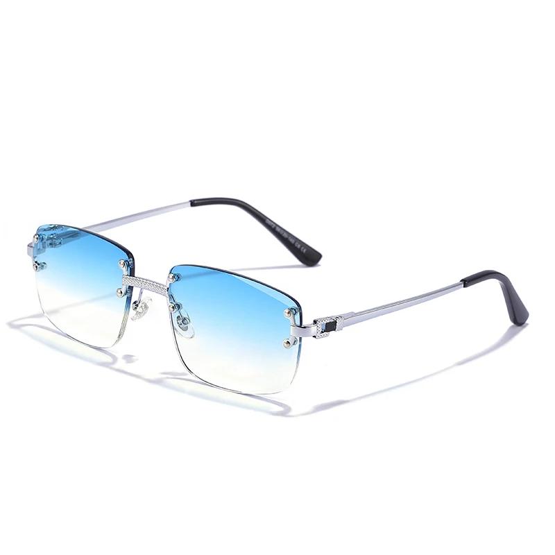 HBK-Lunettes de soleil carrées sans monture pour homme, verres dégradés bleus, métal de qualité supé
