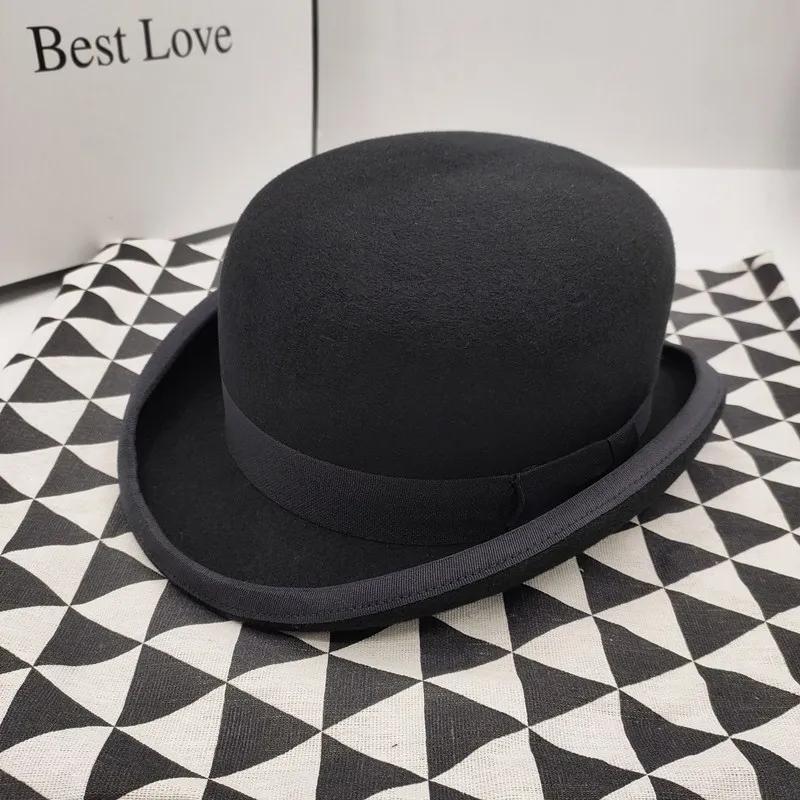 Chapeau melon en feutre acrylate pour hommes, chapeau melon en laine unique, bord roulé à ceinture,