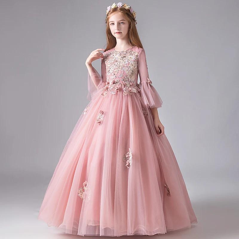 Robe de Demoiselle d'Honneur en Dentelle Rose pour Enfant, Tenue de Princesse à Manches Évasées, de