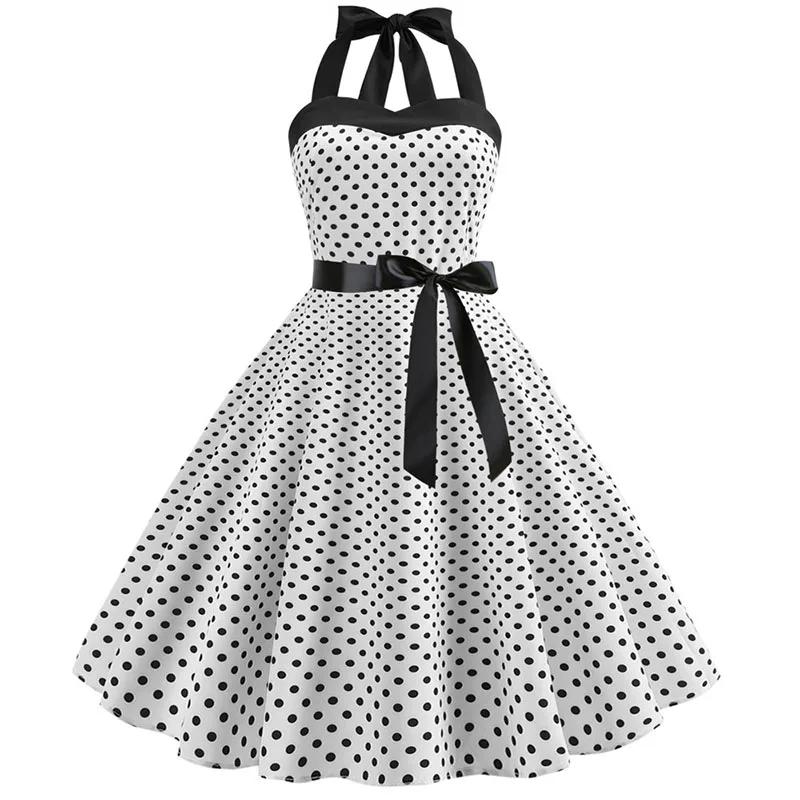 Robe Sexy rétro blanche à pois, Hepburn, Vintage, col licou, Robe de soirée, années 50 et 60, Pin Up