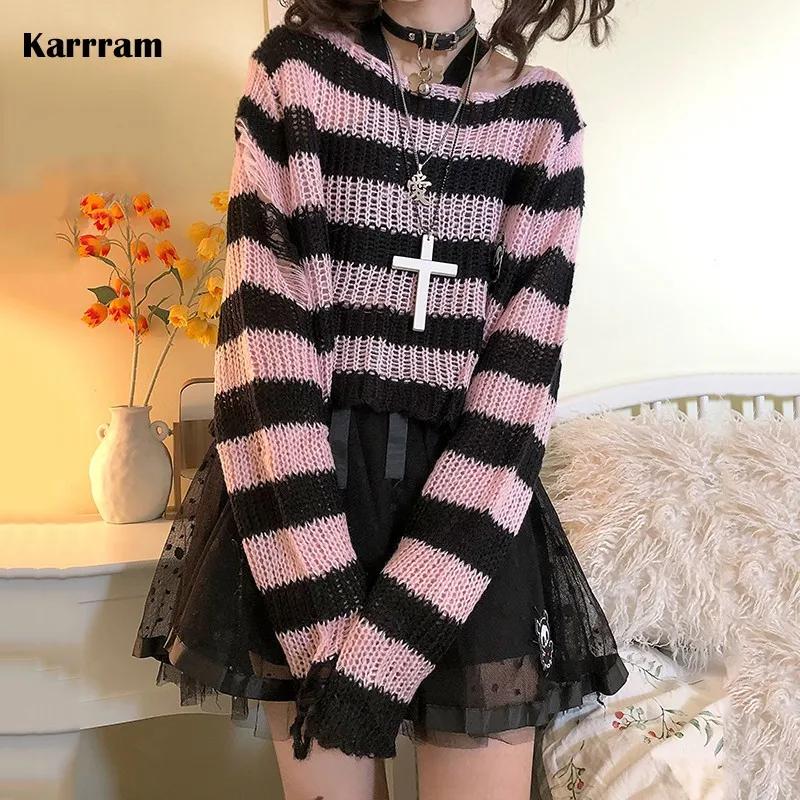 Karrram rose rayé gothique chandails femmes déchiré trous lâche tricoté pull effiloché fée Grunge pu