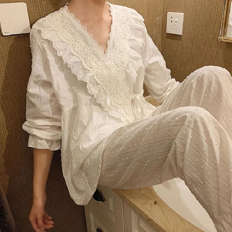 Ensembles de pyjamas en coton à col en V pour femmes, cardigan à manches longues, vêtements de nuit