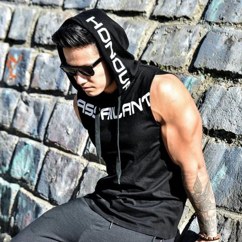 Hommes débardeurs vêtements de sport Fitness sweat à capuche sans manches gilets coton Singlets homm
