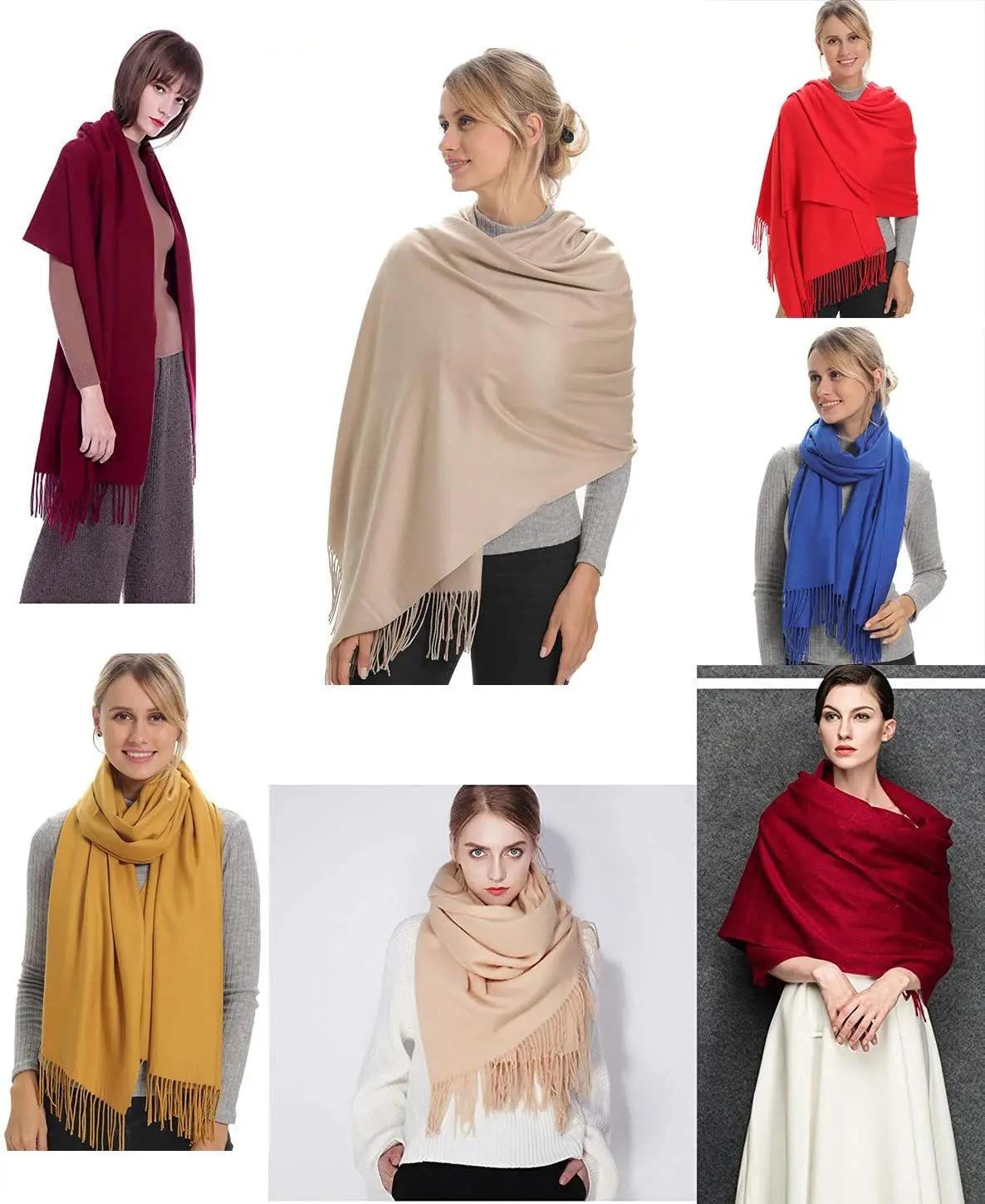 Femmes solide écharpe cachemire sentiment Pashmina châles gland Hijab bandeau Femme mince printemps