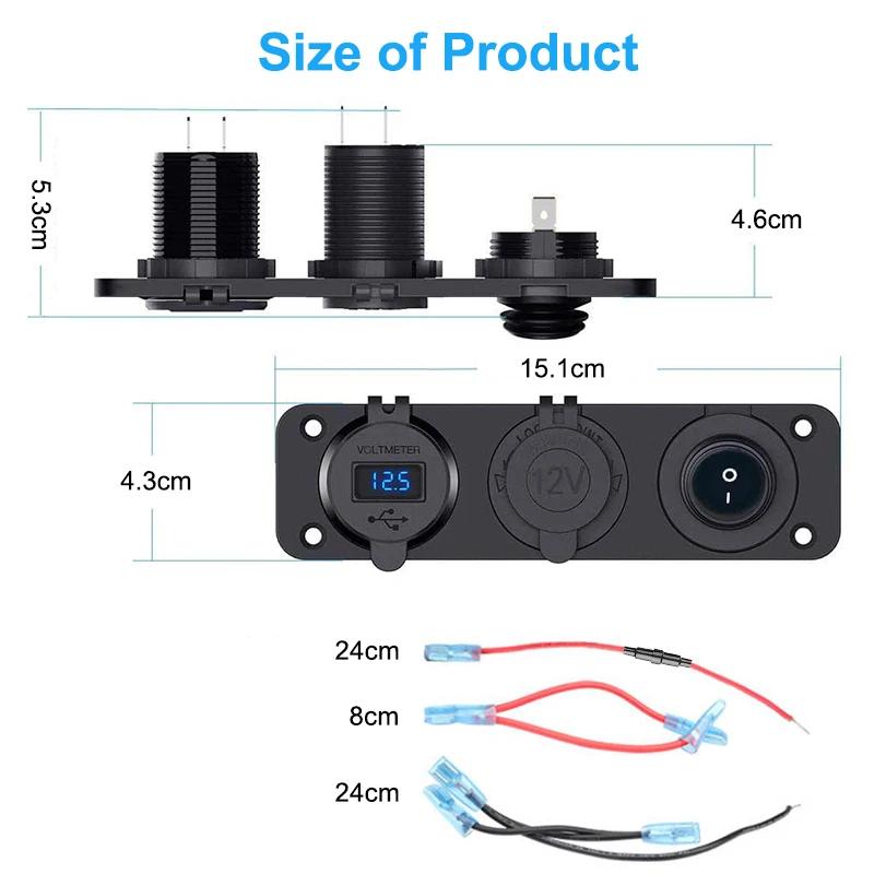 Prise allume-cigare 12V 3 en 1, étanche, double panneau de sortie USB QC3.0 pour voiture, RV, bateau