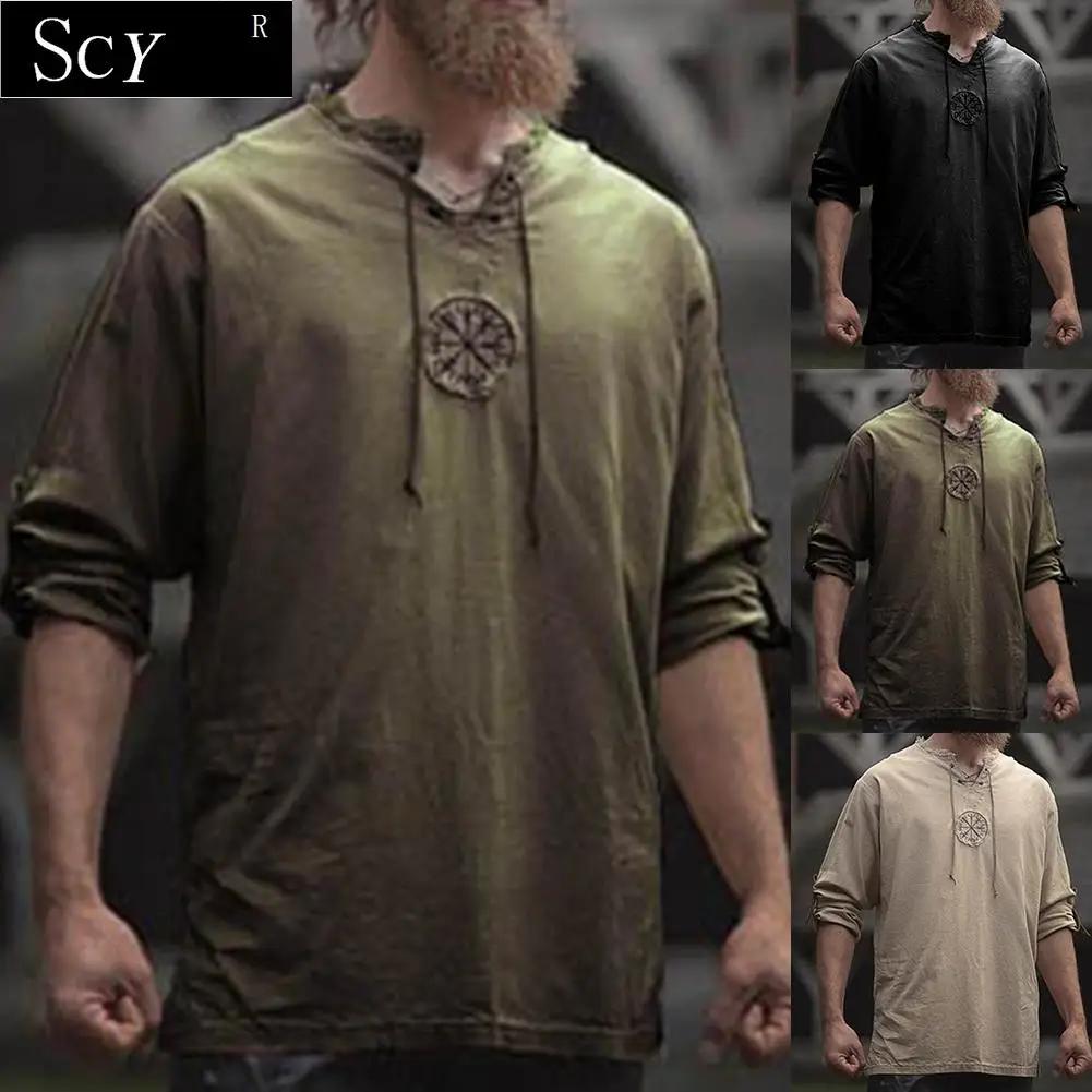 Hommes grande taille petit haut ancien Viking broderie à lacets col en V à manches longues petit hau