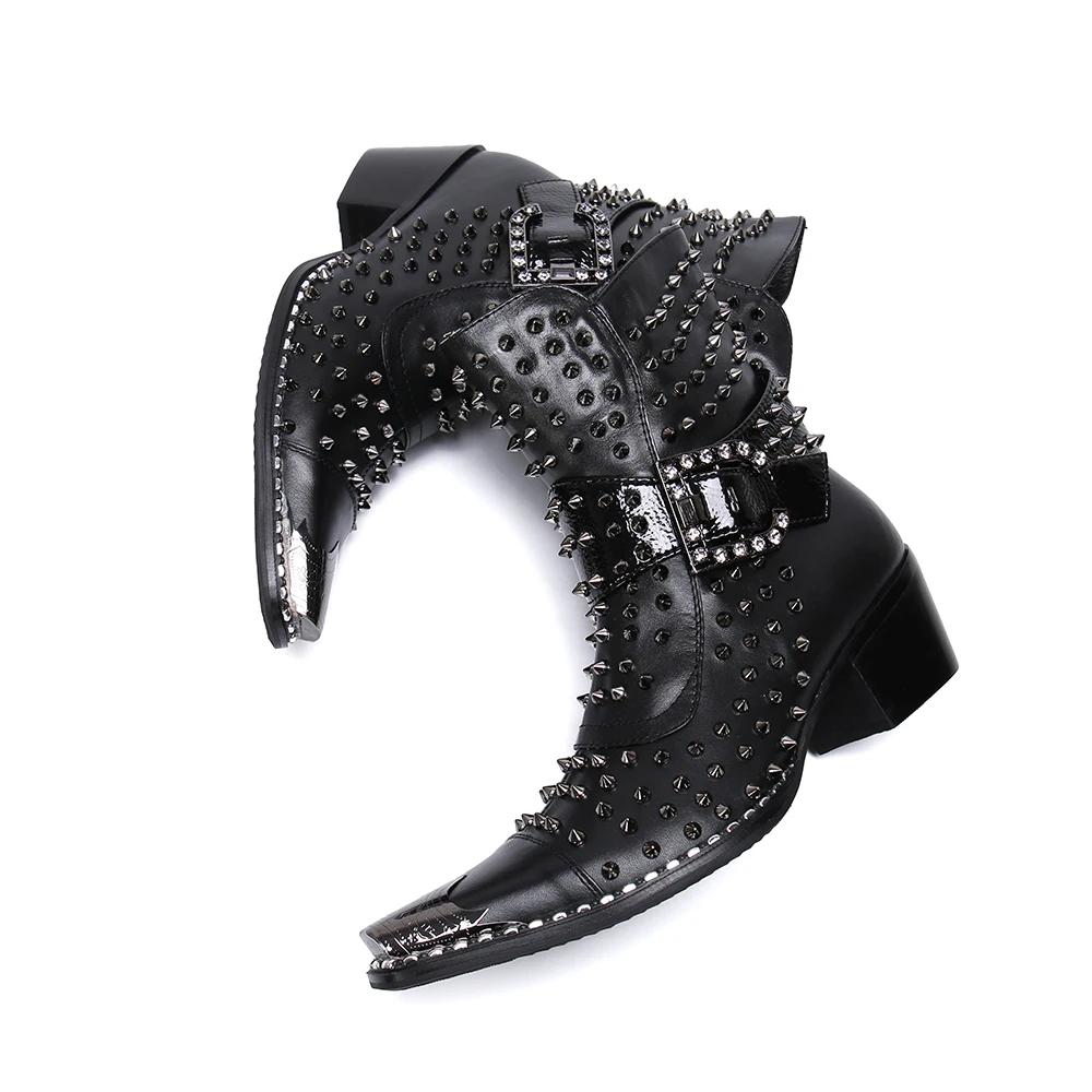 Bottes en cuir pointues à talons hauts pour hommes, chaussures de qualité, rivet, personnalité, chan