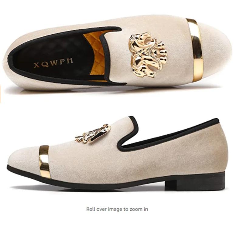 Mocassins en velours beige pour hommes, chaussures de soirée formelles, chaussures décontractées, mo