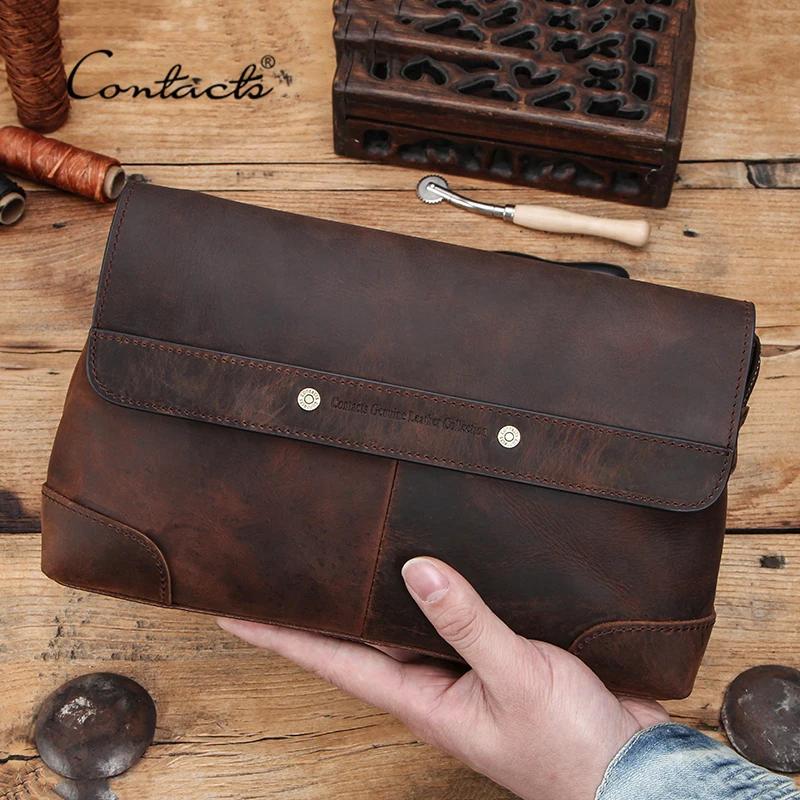 CONTACT'S hommes pochettes grande capacité hommes portefeuilles Crazy Horse cuir Long sac à main mâl
