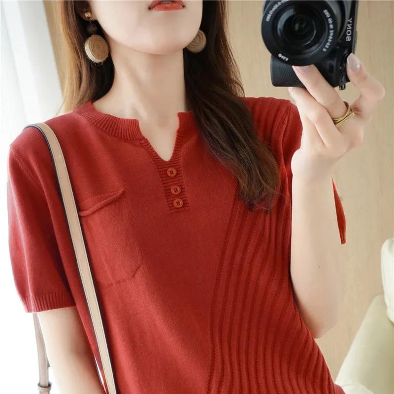 T-shirt tricoté à manches courtes et col en v pour femme, haut ample et décontracté, couleur unie, 1