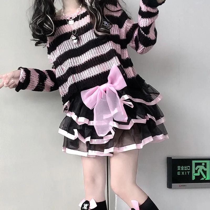 Karrram rose rayé gothique chandails femmes déchiré trous lâche tricoté pull effiloché fée Grunge pu