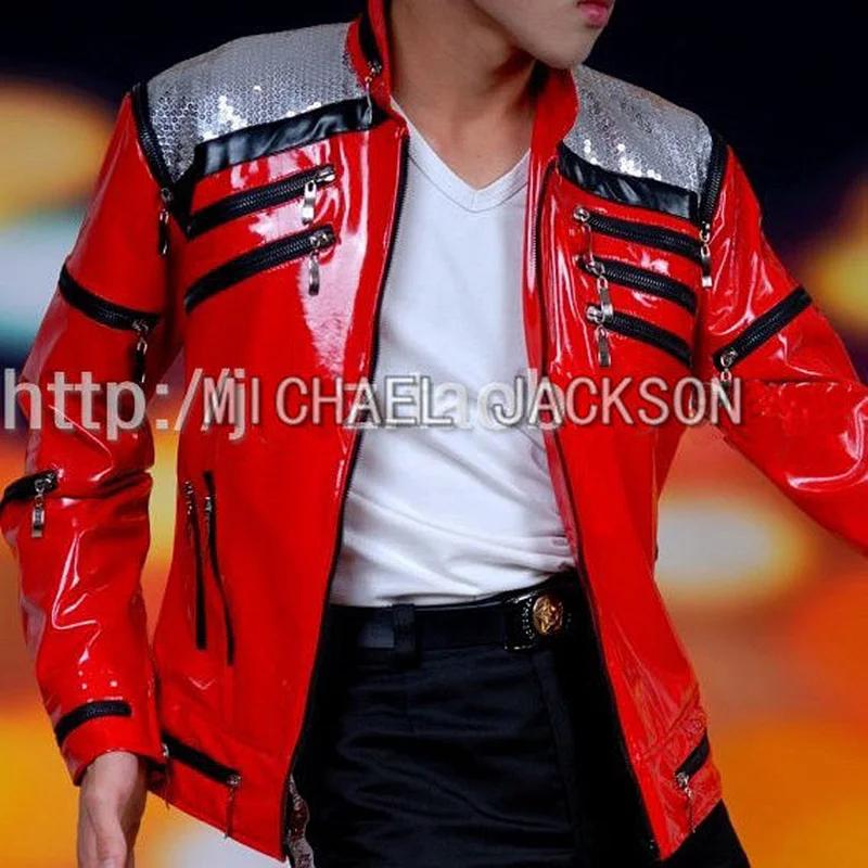 Impersonnateur Michael Jackson Costumes veste rouge Beat It fermeture éclair paillettes cuir décontr