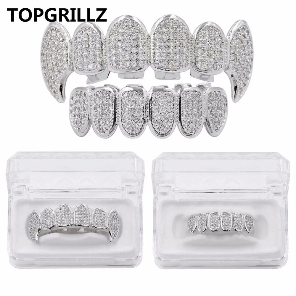 TOPGRILLZ – ensemble de grilles en Rhodium, plaqué argent, CZ, Micro pavé, haut et bas, dents de Vam