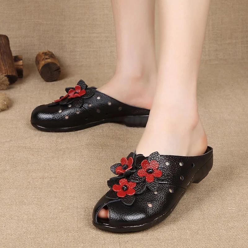 Mode d'été femmes sandales à talons plats mode en cuir véritable à la main fleur femmes sandales à t
