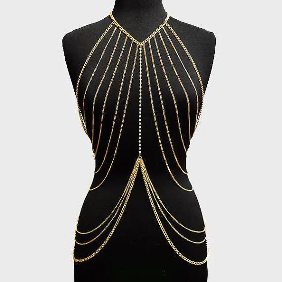Harnais de chaîne de corps multicouche pour femmes, chaîne de poitrine brillante, accessoires Sexy,