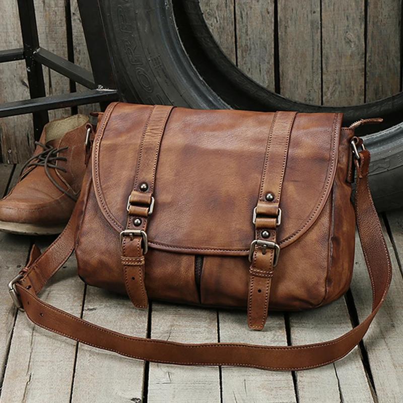 Vintage en cuir véritable sac de messager hommes en cuir sac à bandoulière hommes sac à bandoulière