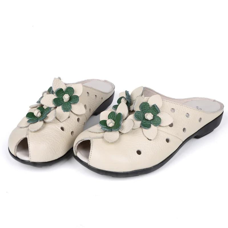 Mode d'été femmes sandales à talons plats mode en cuir véritable à la main fleur femmes sandales à t