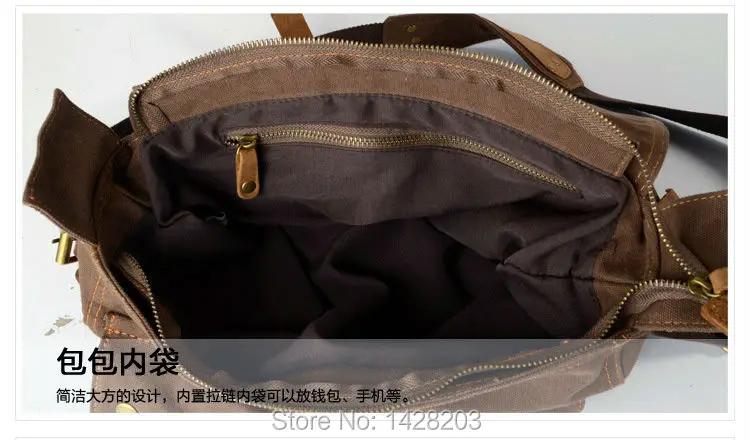 Rétro Vintage coton toile + cuir véritable hommes sac de messager sac à bandoulière militaire toile