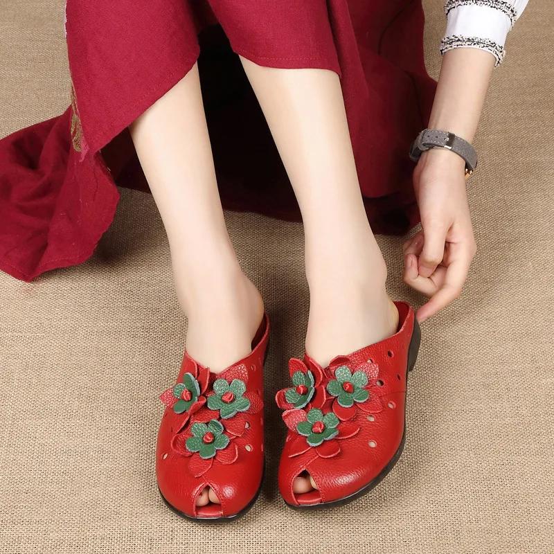 Mode d'été femmes sandales à talons plats mode en cuir véritable à la main fleur femmes sandales à t