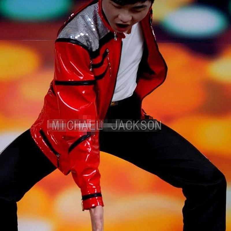 Impersonnateur Michael Jackson Costumes veste rouge Beat It fermeture éclair paillettes cuir décontr