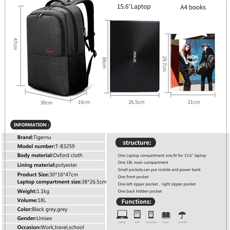 Tigernu étanche Anti-vol 15.6 pouces sac à dos pour ordinateur portable hommes mince école sac à dos