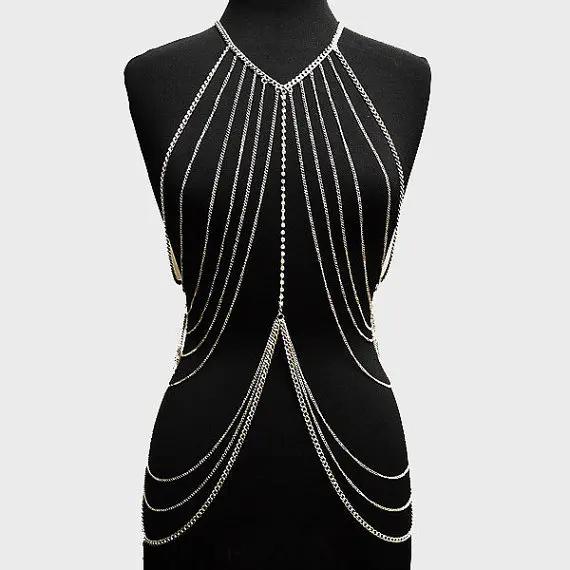 Harnais de chaîne de corps multicouche pour femmes, chaîne de poitrine brillante, accessoires Sexy,