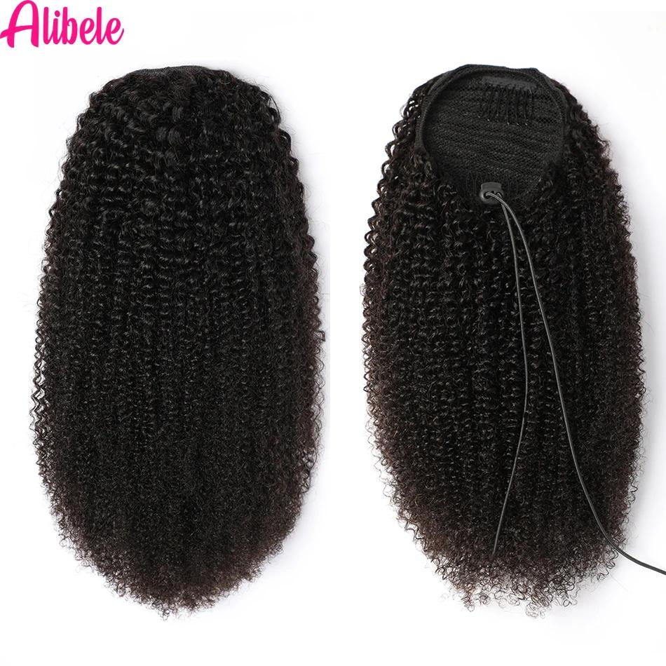 Alibele-Extensions de Cheveux Humains Crépus Bouclés Afro, Queue de Cheval Longue à Clips, 10-28 Pou