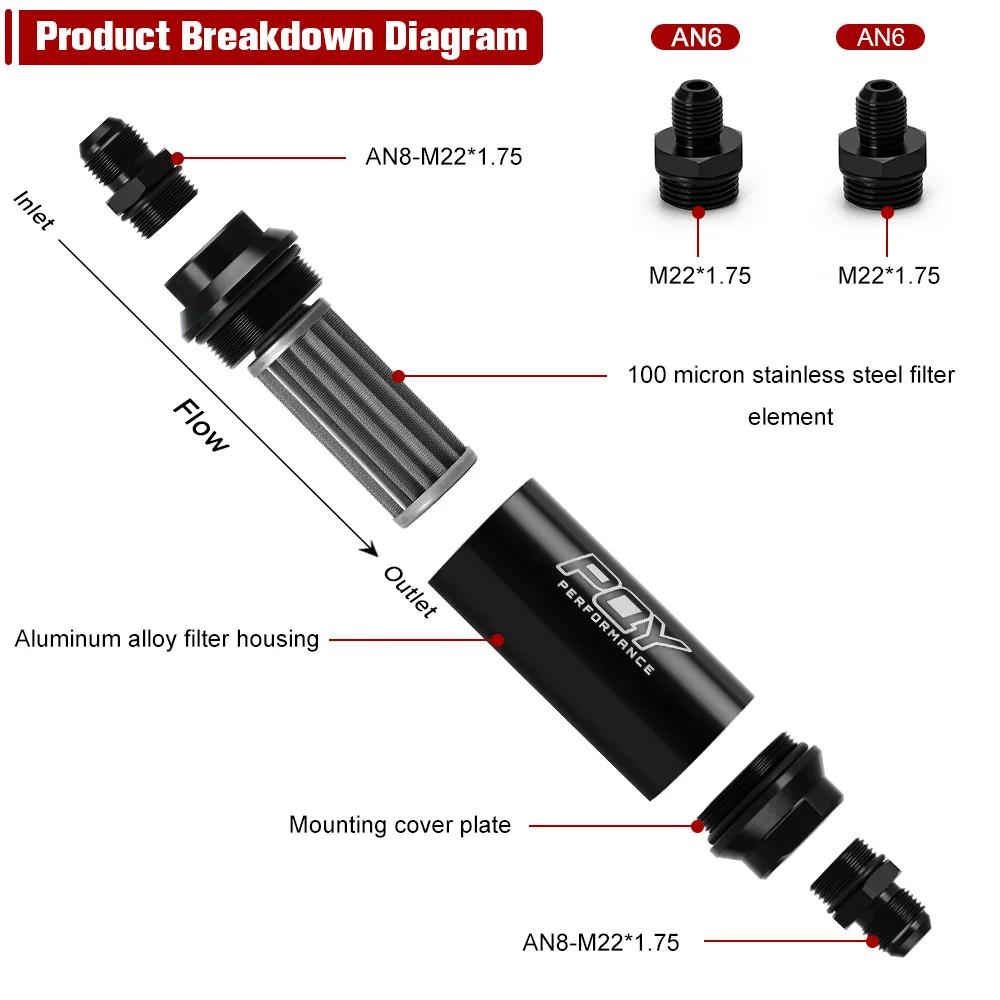 ID = 44mm PQY nouveau filtre à carburant avec 2 pièces AN6 et 2 pièces raccords adaptateur AN8 avec