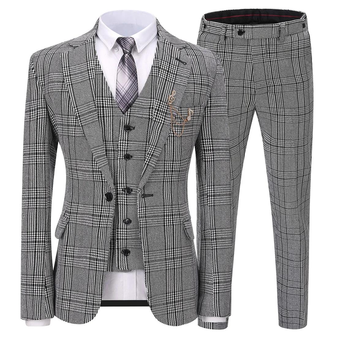 Costume formel 3 pièces pour hommes, coupe cintrée, châle à revers, Plaid en laine douce, Tuxedos gr