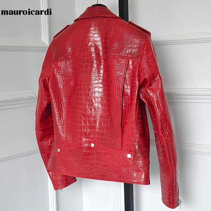Mauroicardi-Veste de motard en similicuir à motif crocodile rouge pour homme, manches longues, ferme