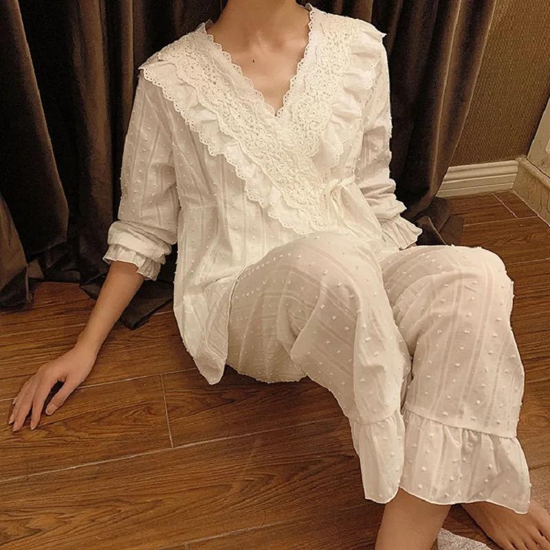 Ensembles de pyjamas en coton à col en V pour femmes, cardigan à manches longues, vêtements de nuit
