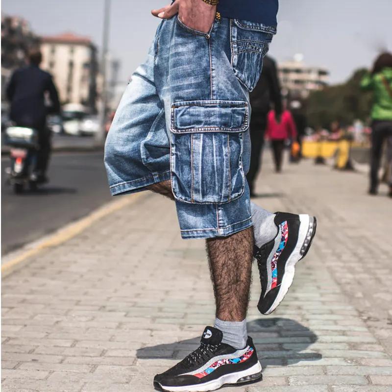 Short en jean bleu multi-poches pour homme, streetwear, grande taille, droit, été, nouveau